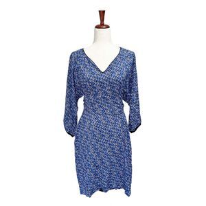 Chemins Blancs Dress Women's Size 40 US Medium 10 Longsleeve Blue Midi Print
